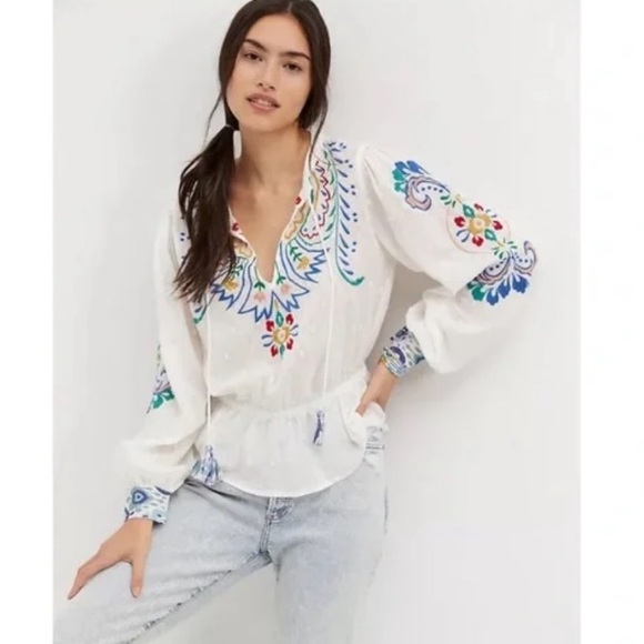 Anthropologie Forever That Girl Embroidered Peplum Blouse size M gorgeous NWT - Picture 2 of 12
